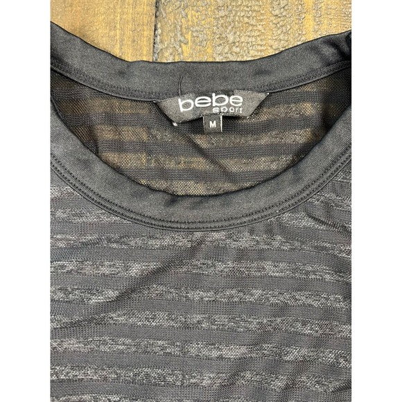 BEBE Sport, Sheer Black Stripe Black Sports Bra, BEBE Crystal Spellout, Size M - Picture 3 of 7